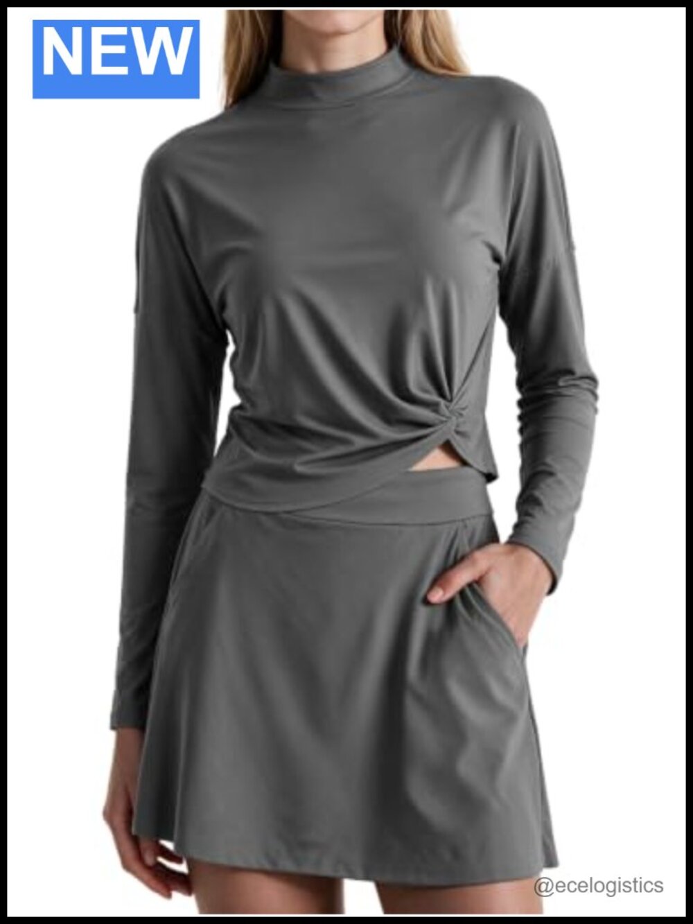 Women 2 Piece Skirt Set Mock Neck Long Sleeve Top A-Line Skirt